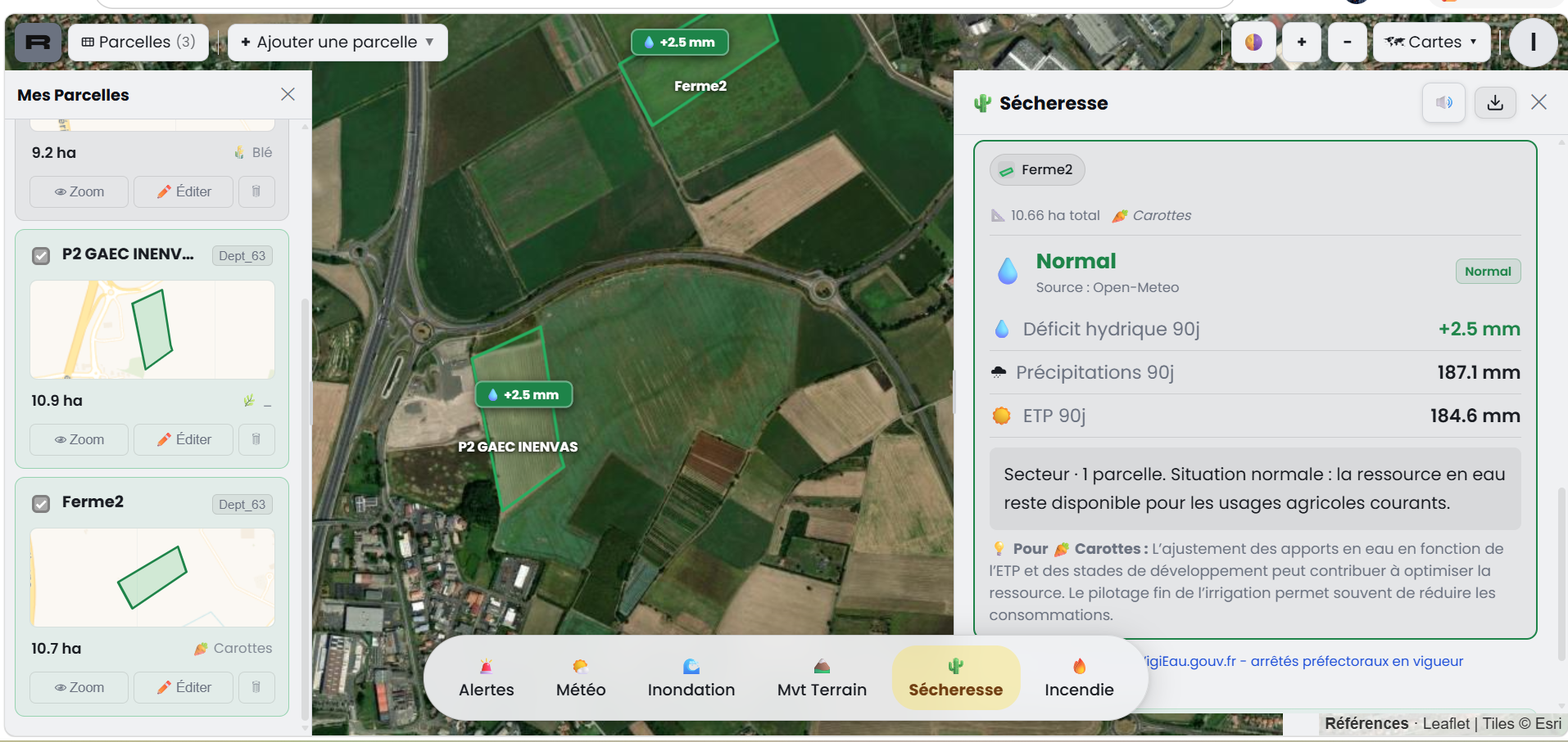 Interface RiskAgri — analyse sécheresse sur parcelles